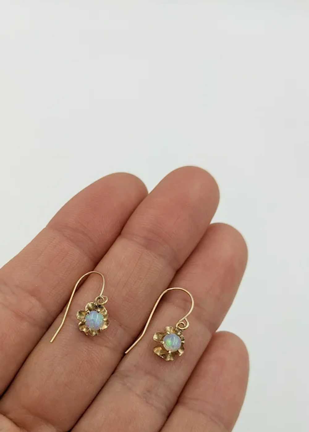 14K Yellow Gold Opal Gemstone Dangling Pierced Da… - image 3