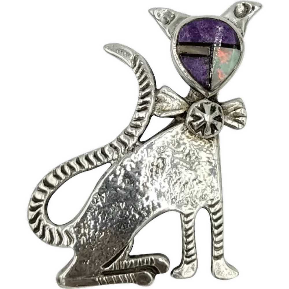 Zuni Opal Cat Pin Sterling Silver Gemstone Brooch… - image 1