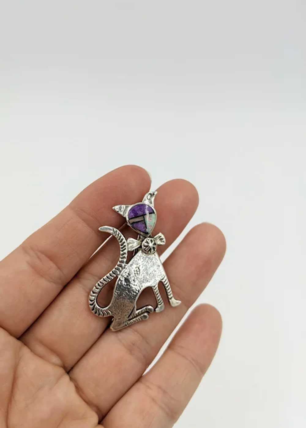 Zuni Opal Cat Pin Sterling Silver Gemstone Brooch… - image 2