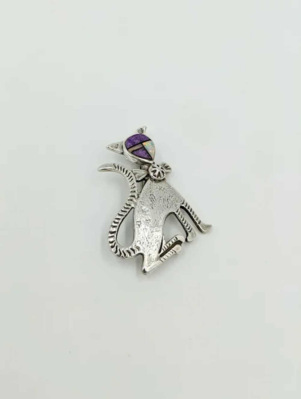 Zuni Opal Cat Pin Sterling Silver Gemstone Brooch… - image 3