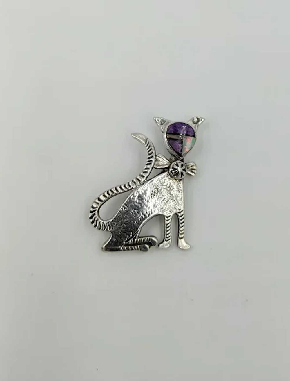 Zuni Opal Cat Pin Sterling Silver Gemstone Brooch… - image 4