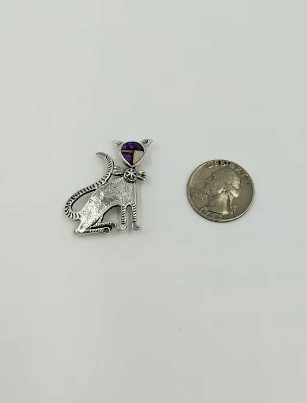 Zuni Opal Cat Pin Sterling Silver Gemstone Brooch… - image 5