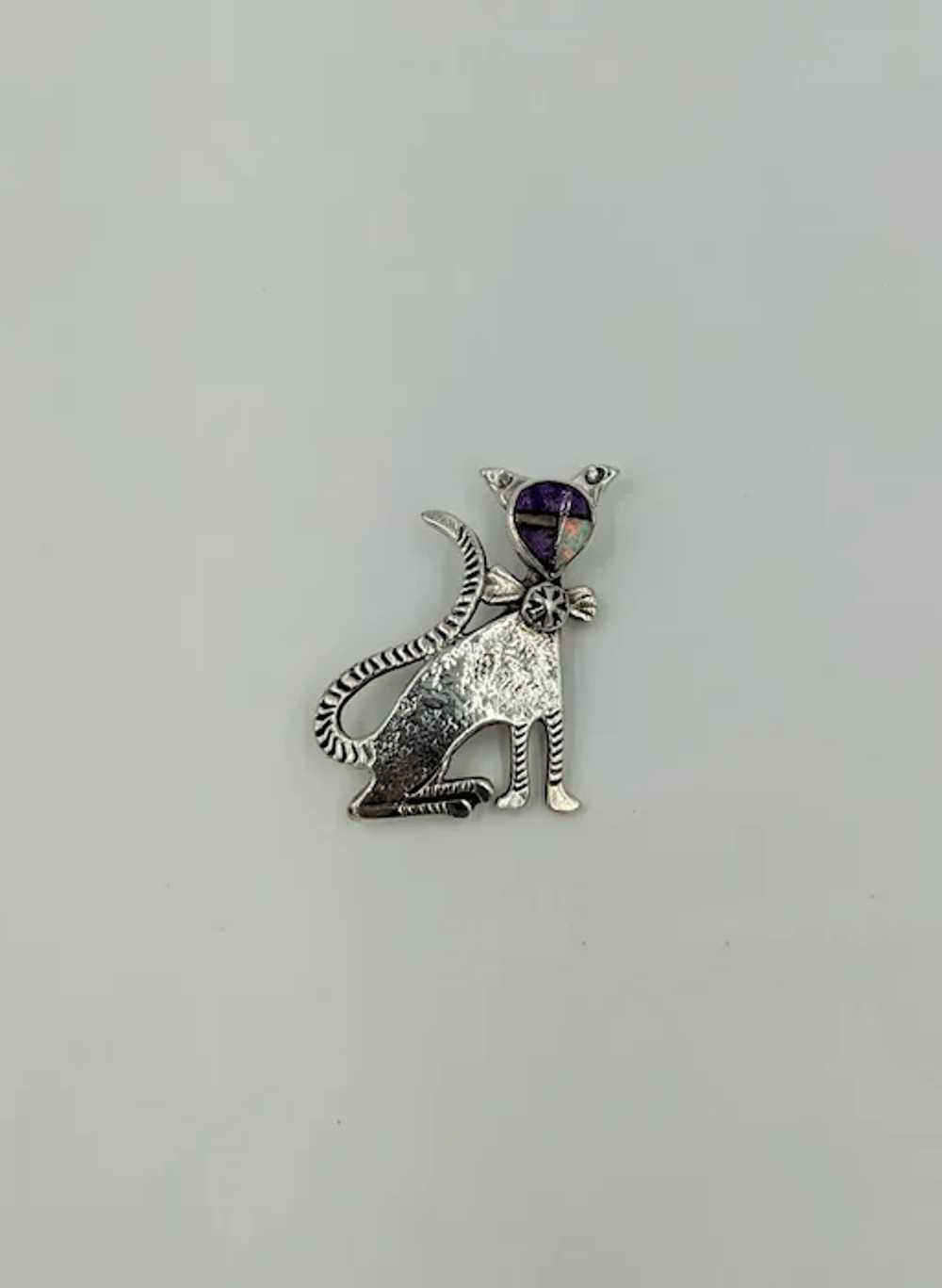 Zuni Opal Cat Pin Sterling Silver Gemstone Brooch… - image 7