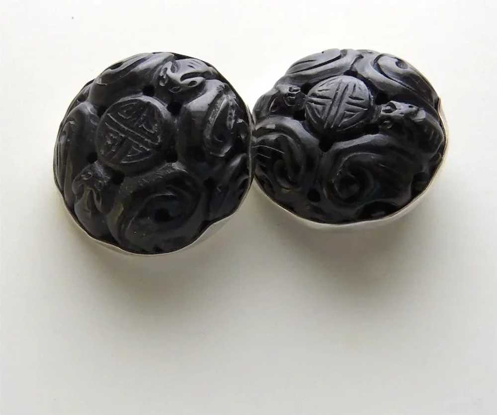 Vintage 1970's Large Carved Stone Sterling Earrin… - image 2