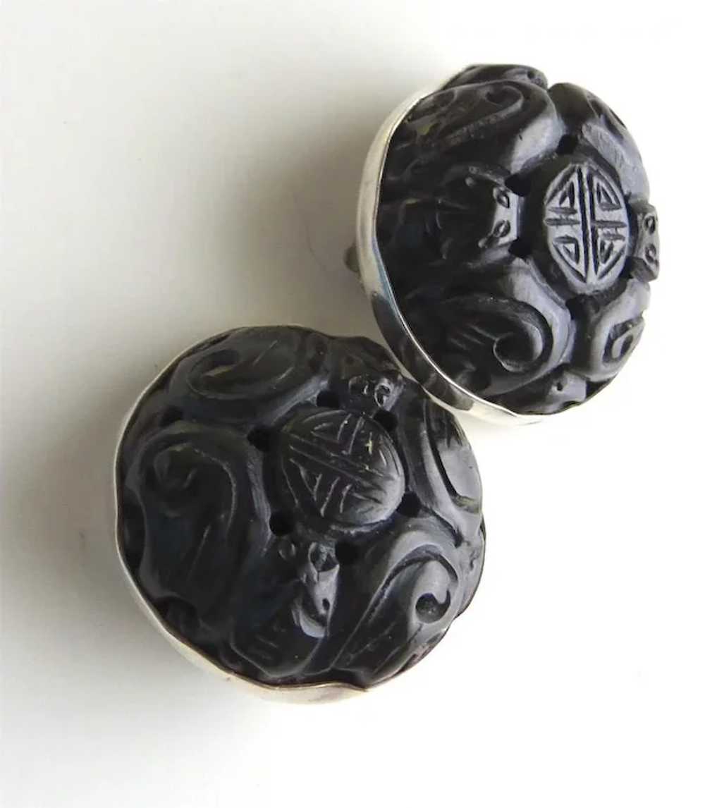Vintage 1970's Large Carved Stone Sterling Earrin… - image 3