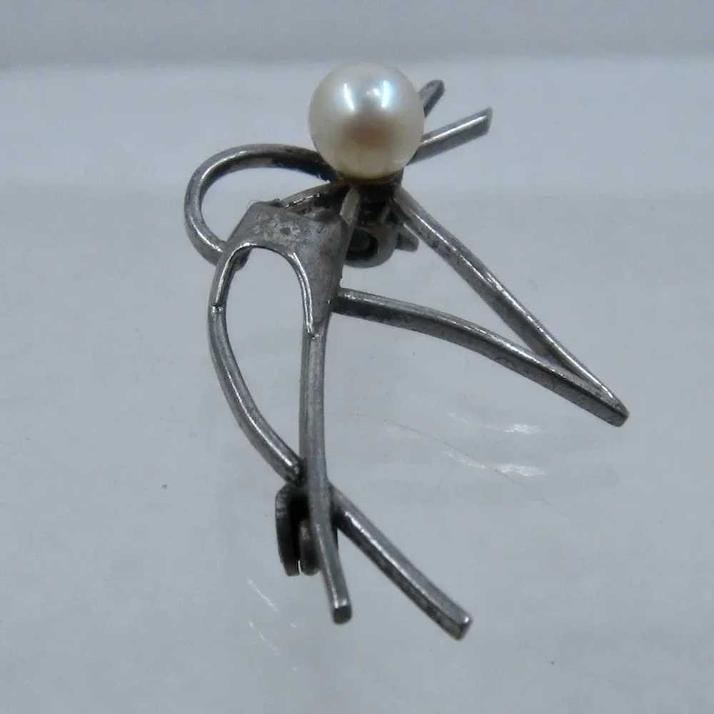 Modernist Silver Bird Pin w/ Pearl Head - image 2