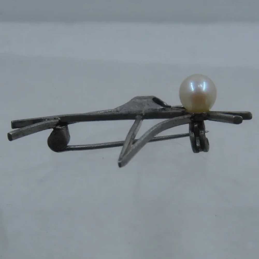 Modernist Silver Bird Pin w/ Pearl Head - image 3