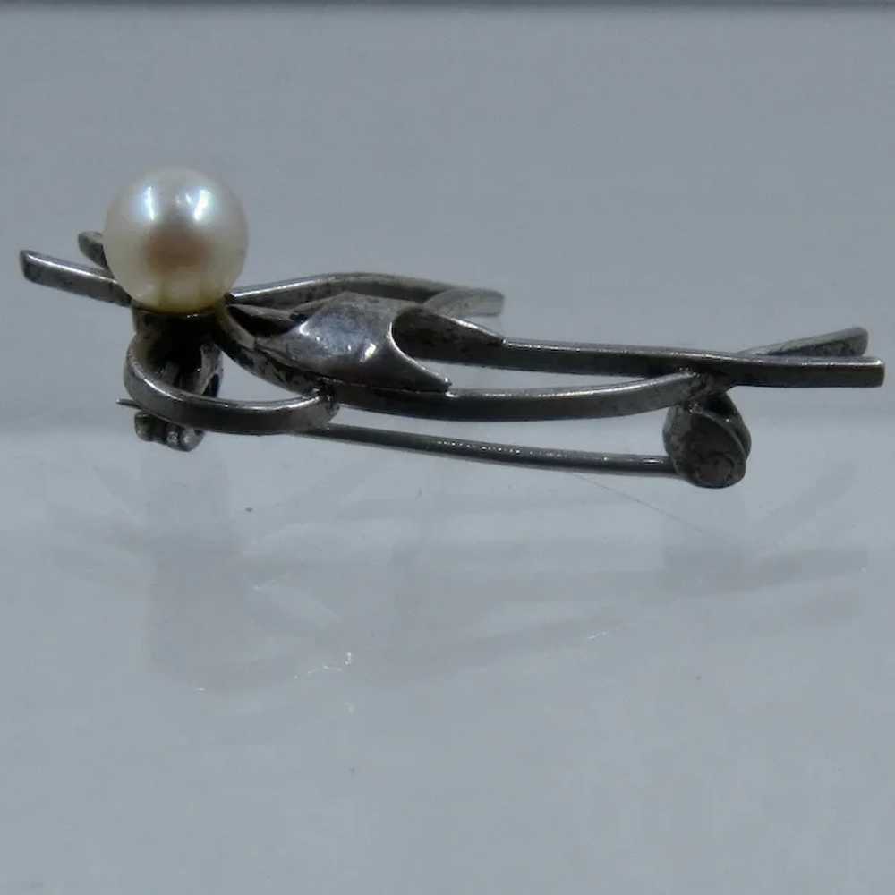 Modernist Silver Bird Pin w/ Pearl Head - image 4