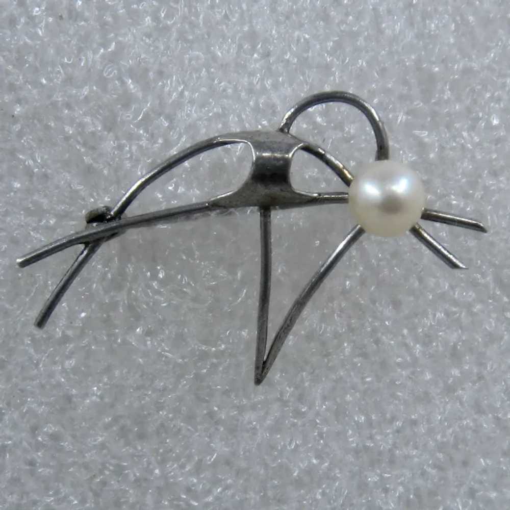 Modernist Silver Bird Pin w/ Pearl Head - image 9