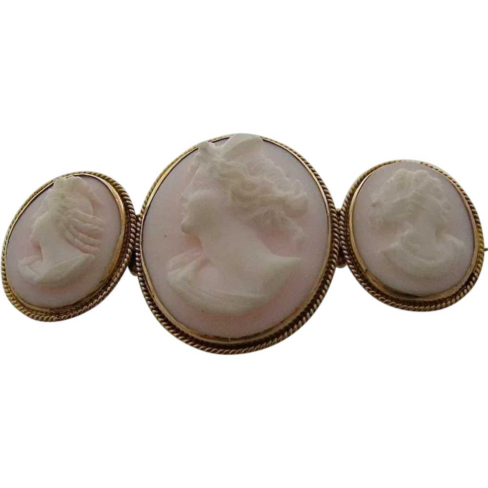 Rare Ca. 1900 Triple Cameo Pin Brooch 14k Three W… - image 1