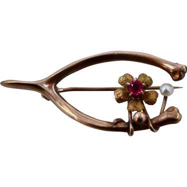 Victorian 10K Wishbone Pin w/ Pearl & Flower - image 1