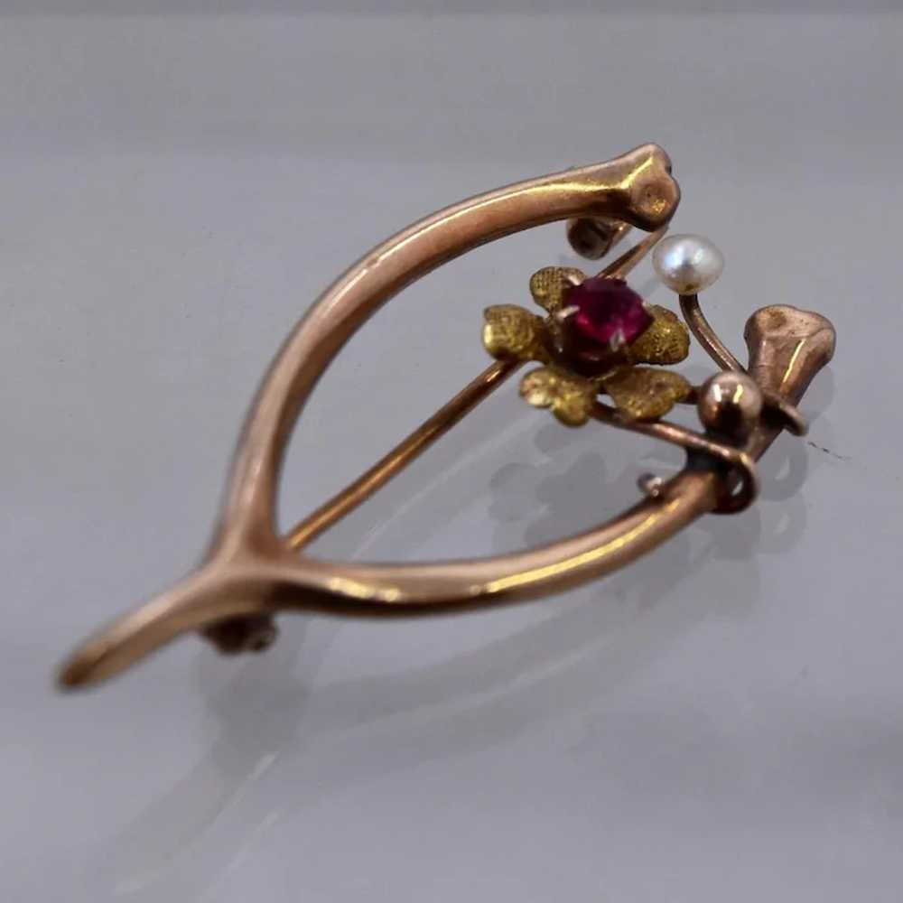 Victorian 10K Wishbone Pin w/ Pearl & Flower - image 2