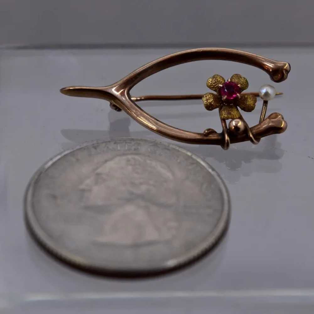 Victorian 10K Wishbone Pin w/ Pearl & Flower - image 6