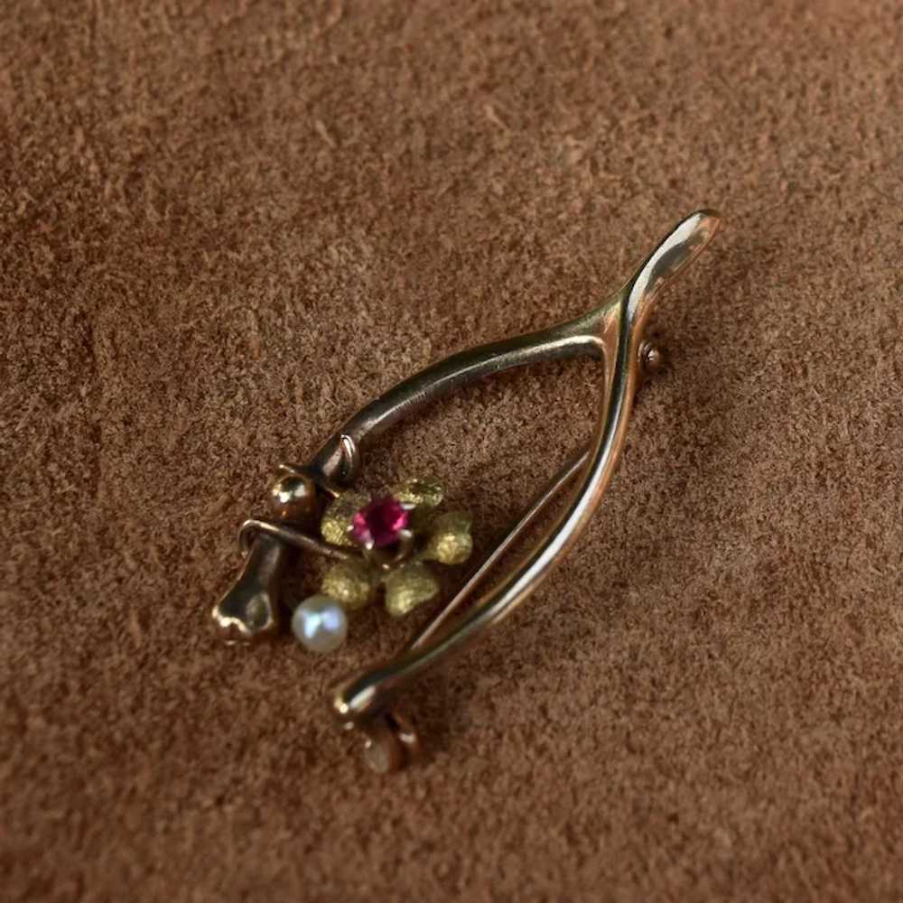 Victorian 10K Wishbone Pin w/ Pearl & Flower - image 7