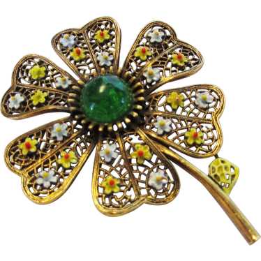 Vintage Art Enamelled and Jeweled Flower Pin