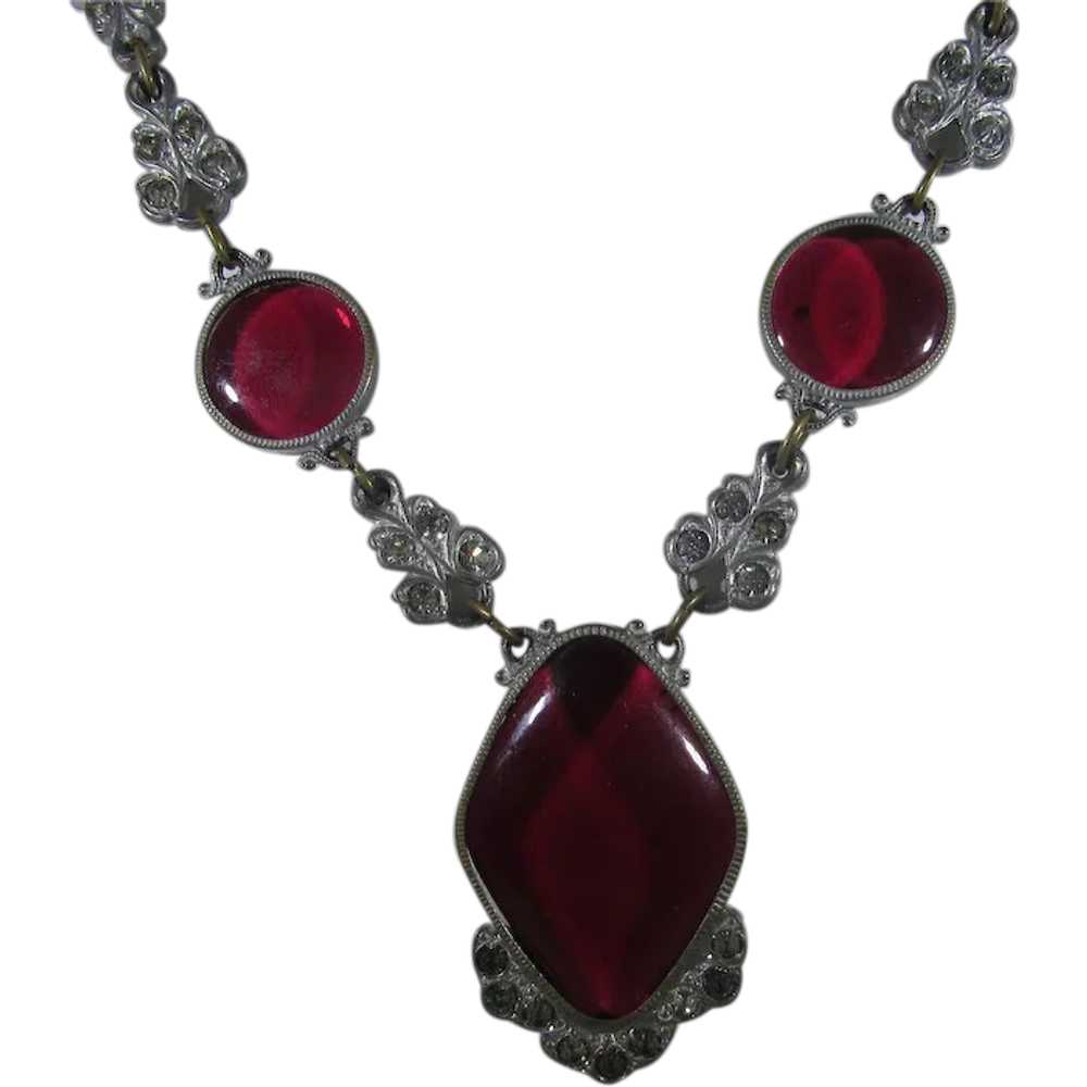 Vintage  Deco Necklace With Cranberry Glass Cente… - image 1