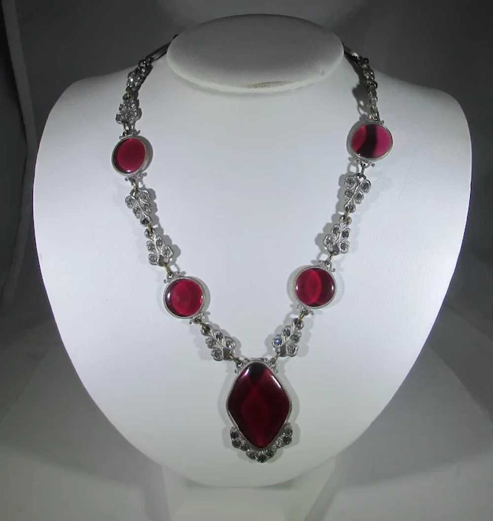 Vintage  Deco Necklace With Cranberry Glass Cente… - image 2