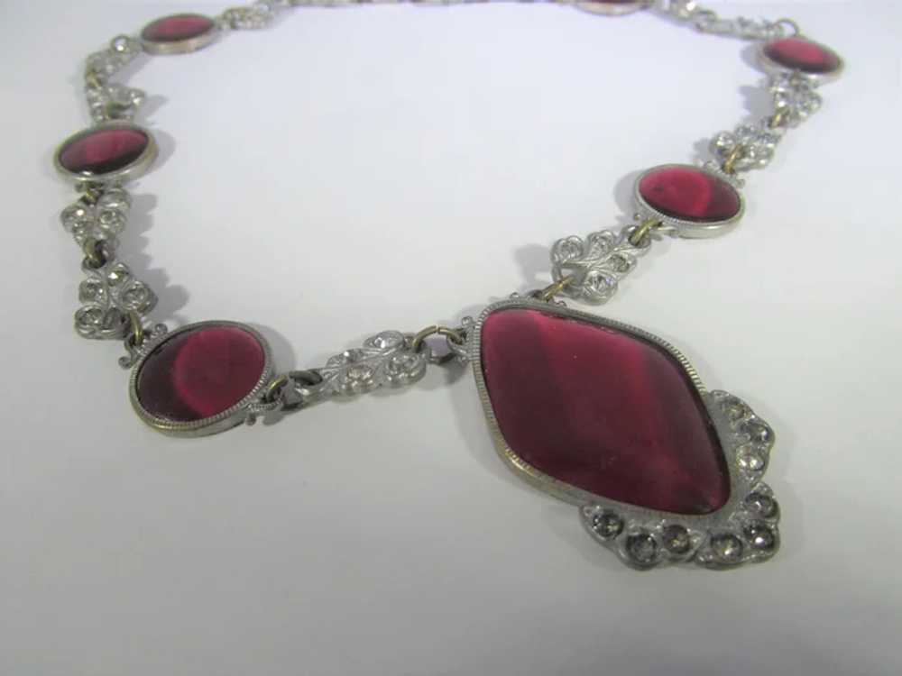 Vintage  Deco Necklace With Cranberry Glass Cente… - image 3