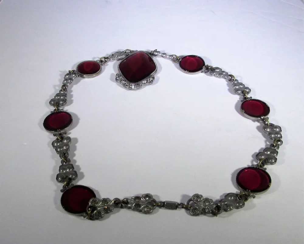 Vintage  Deco Necklace With Cranberry Glass Cente… - image 4