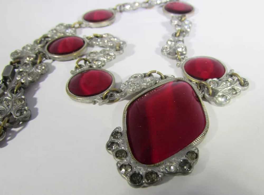 Vintage  Deco Necklace With Cranberry Glass Cente… - image 6