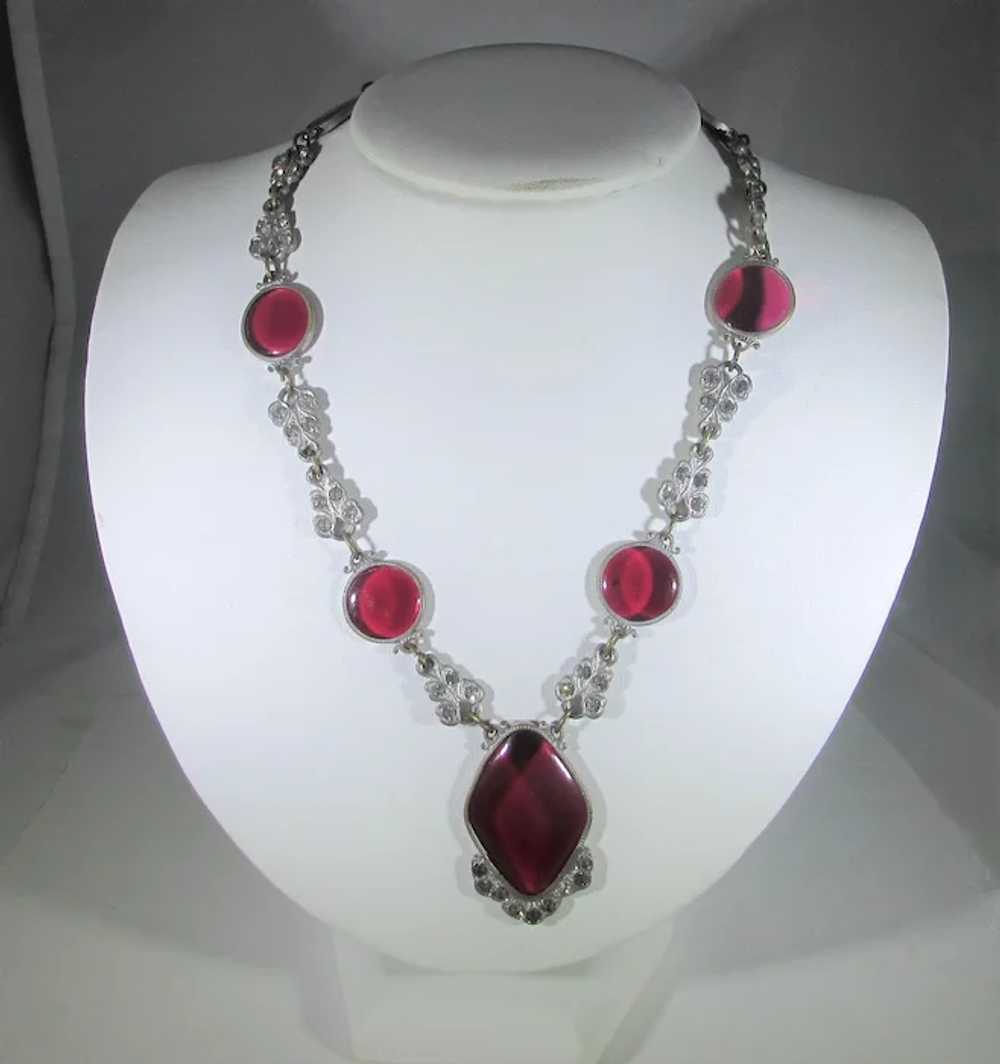 Vintage  Deco Necklace With Cranberry Glass Cente… - image 7