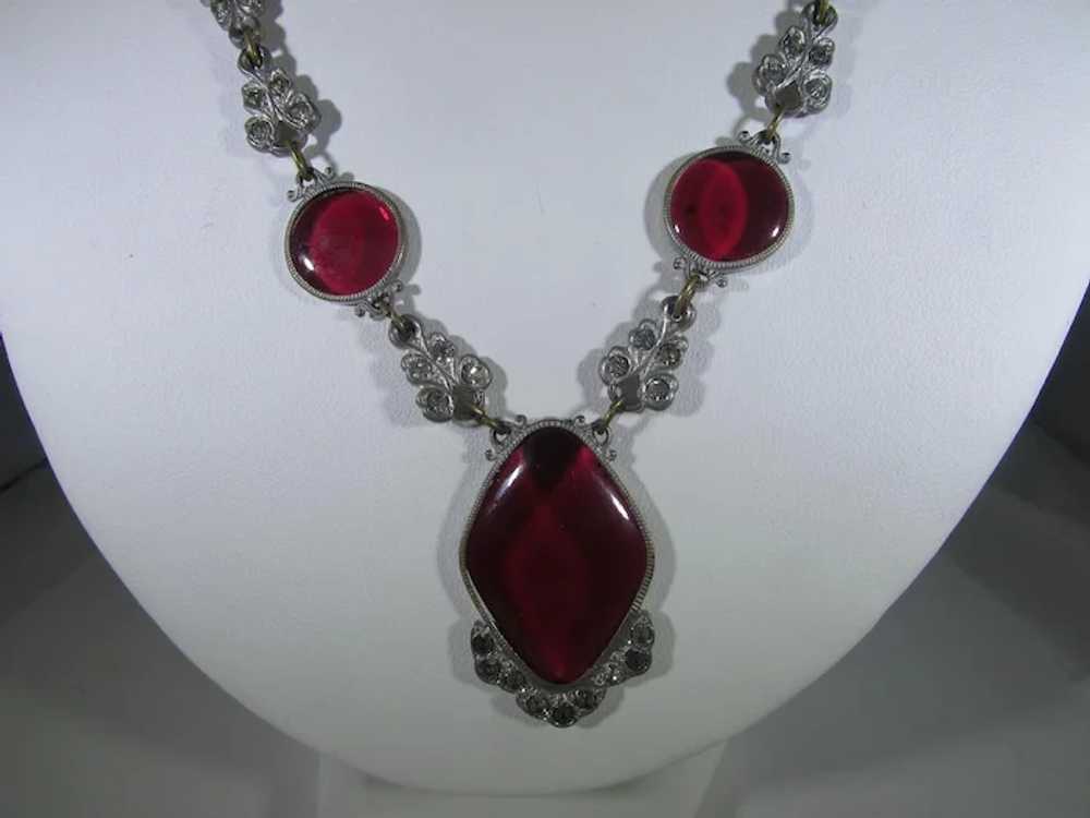 Vintage  Deco Necklace With Cranberry Glass Cente… - image 8