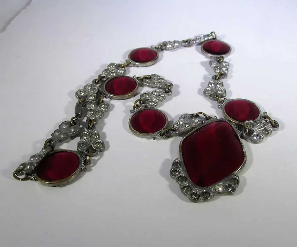 Vintage  Deco Necklace With Cranberry Glass Cente… - image 9