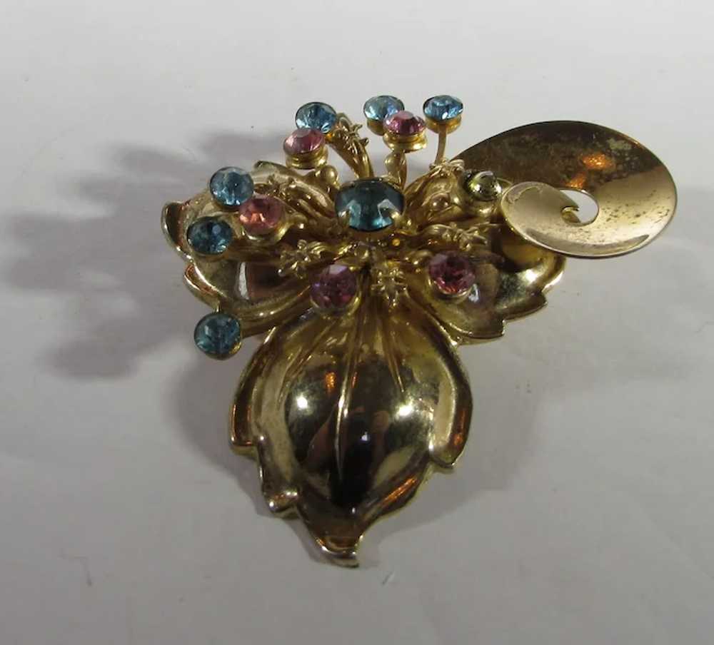 Mid-Century Modern Goldtone Pin with Faux Aqua Cr… - image 4