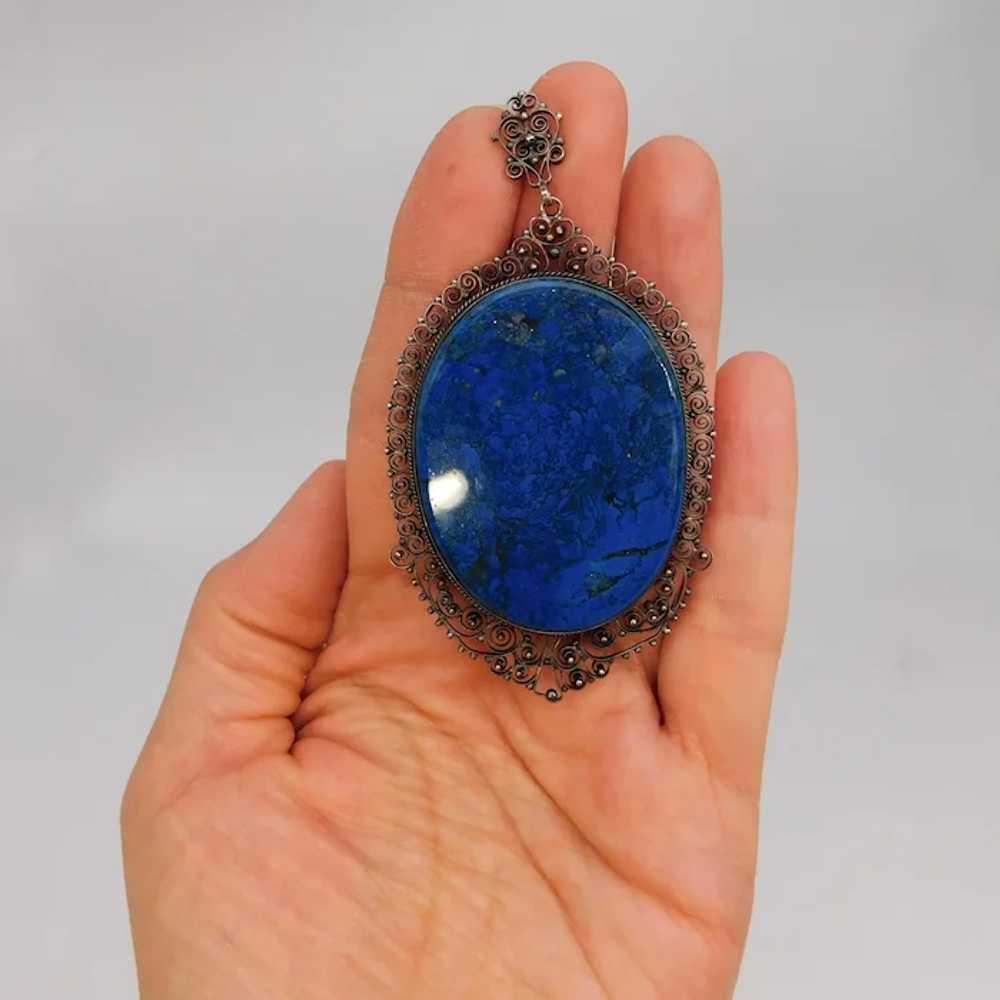 Antique Cannetille Filigree Silver Blue Lapis Laz… - image 5