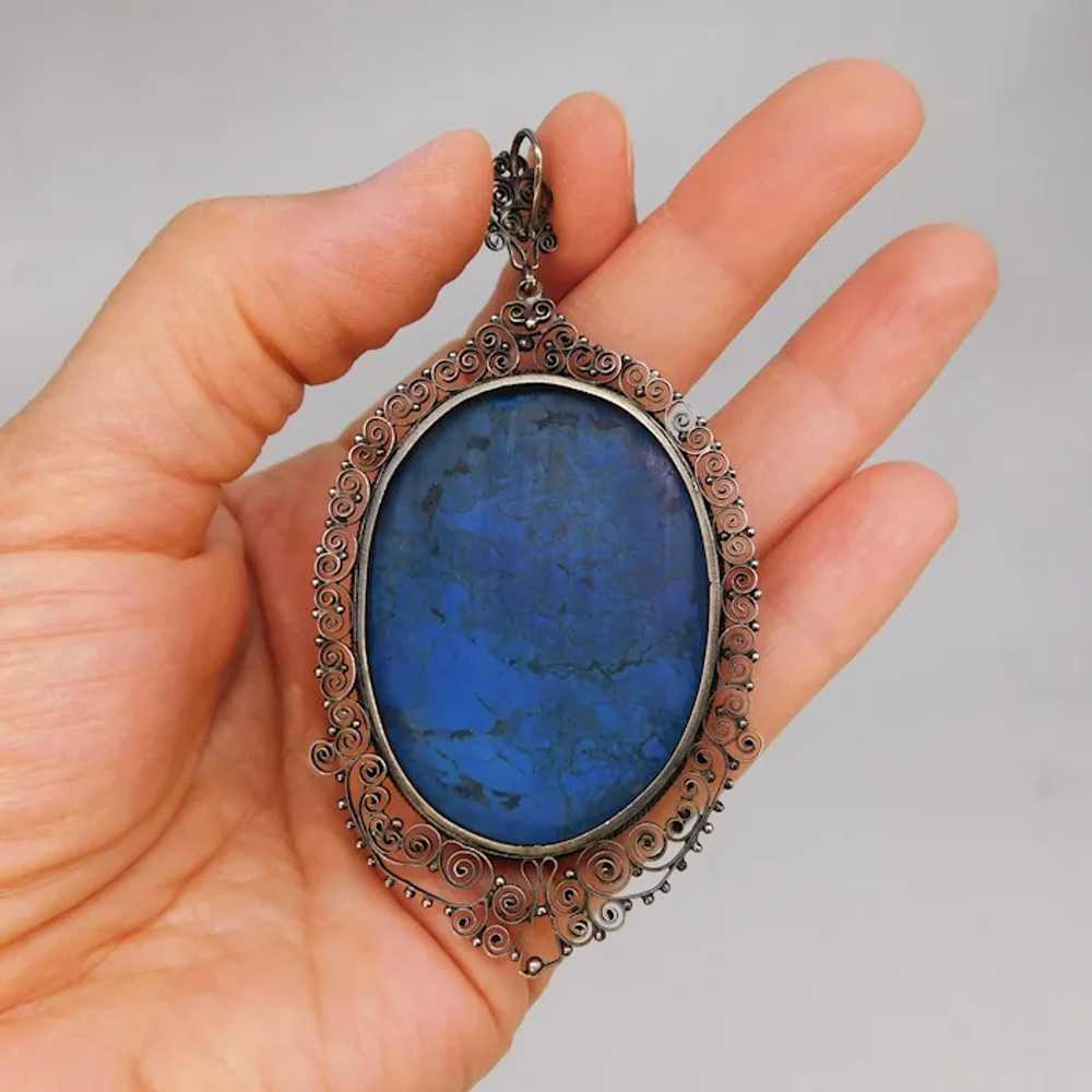 Antique Cannetille Filigree Silver Blue Lapis Laz… - image 8