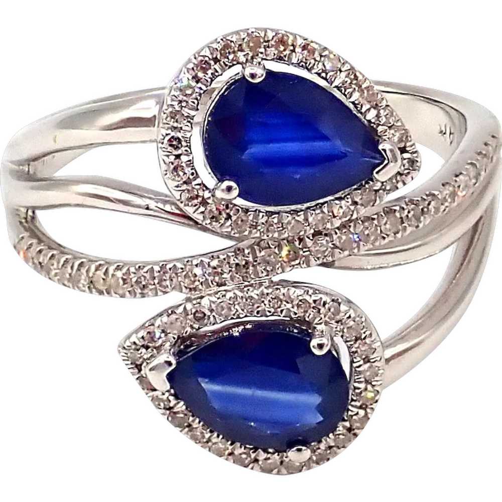 Unique Blue Sapphire Diamond Crossing Ring 14KT White… - Gem