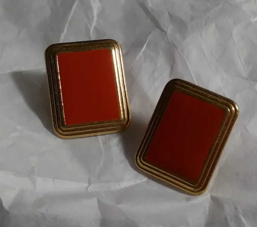 Pierre Cardin Earrings Red Rectangle Gold-tone 19… - image 2