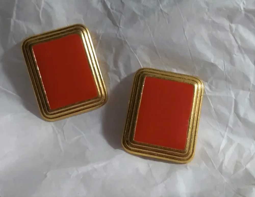 Pierre Cardin Earrings Red Rectangle Gold-tone 19… - image 3