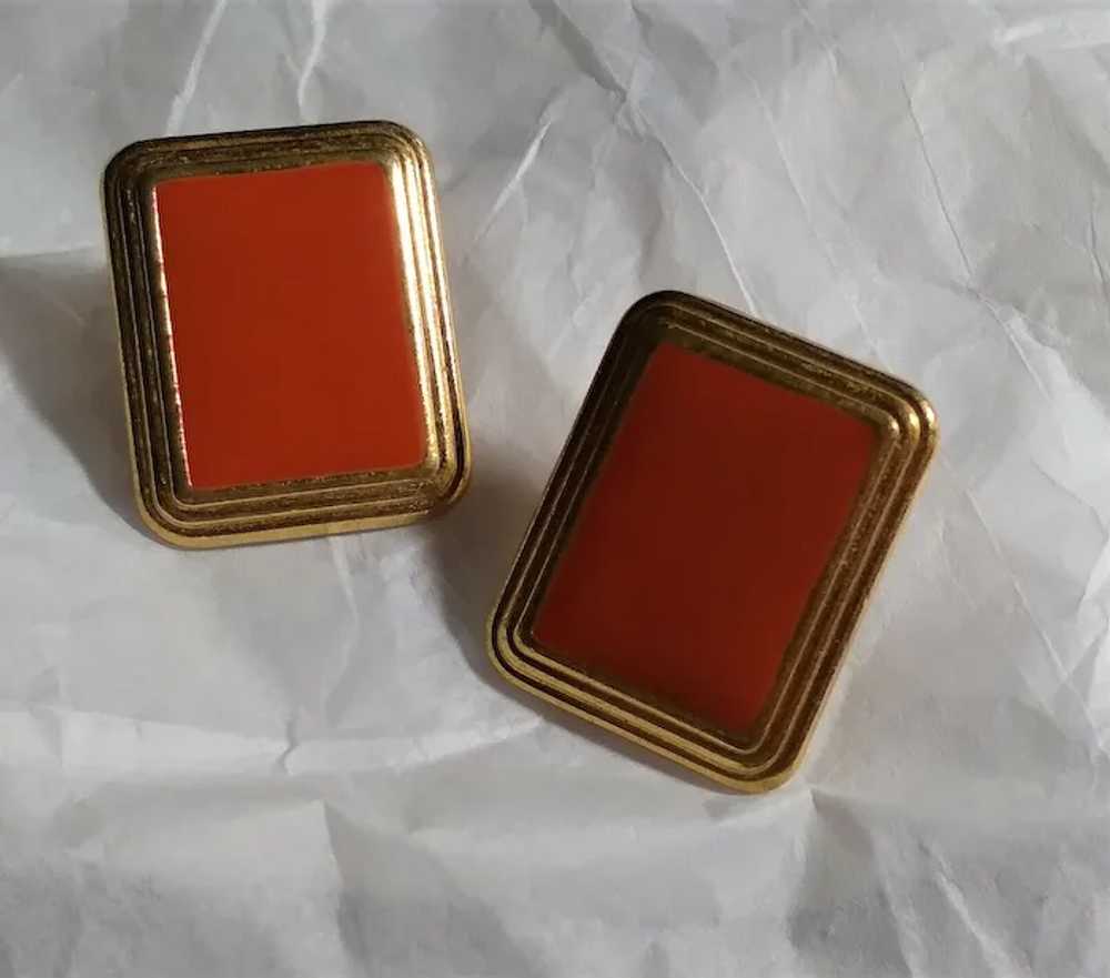 Pierre Cardin Earrings Red Rectangle Gold-tone 19… - image 4