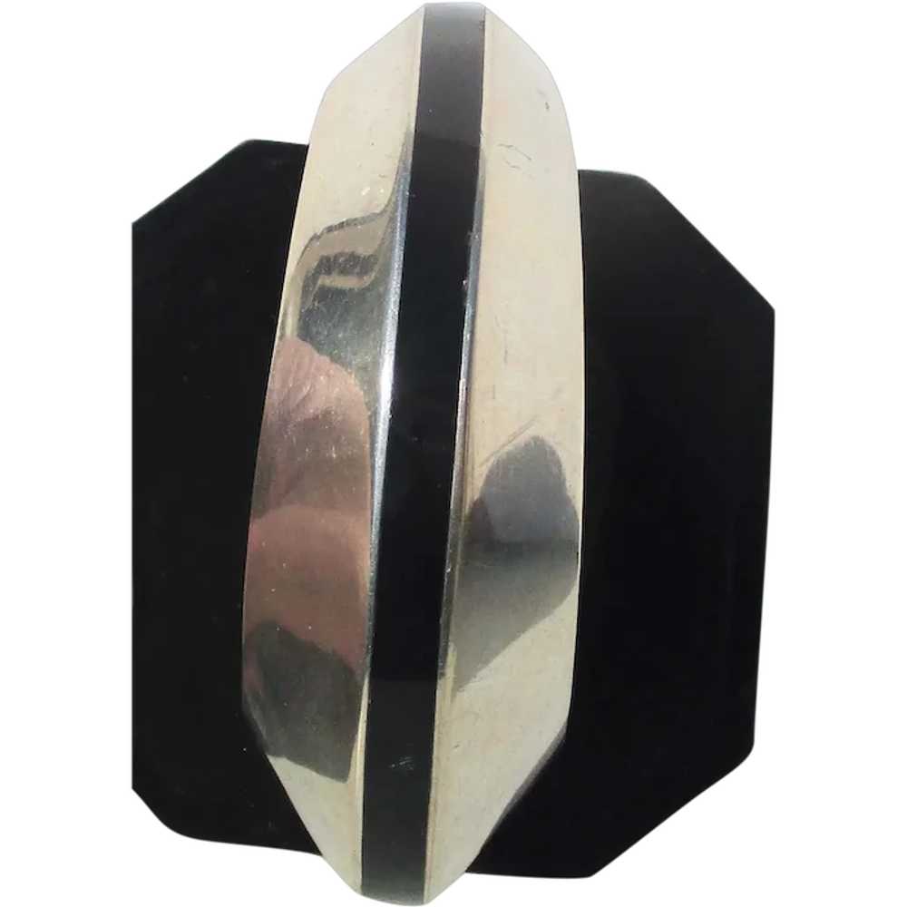 Mid-Century Sterling Silver Cuff with Inlay Black… - image 1