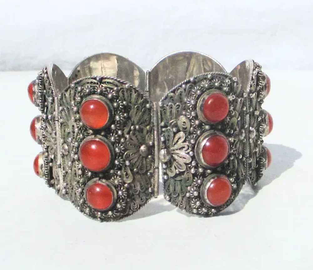 Chinese Silver Filagree and Carnelian Bracelet - image 2