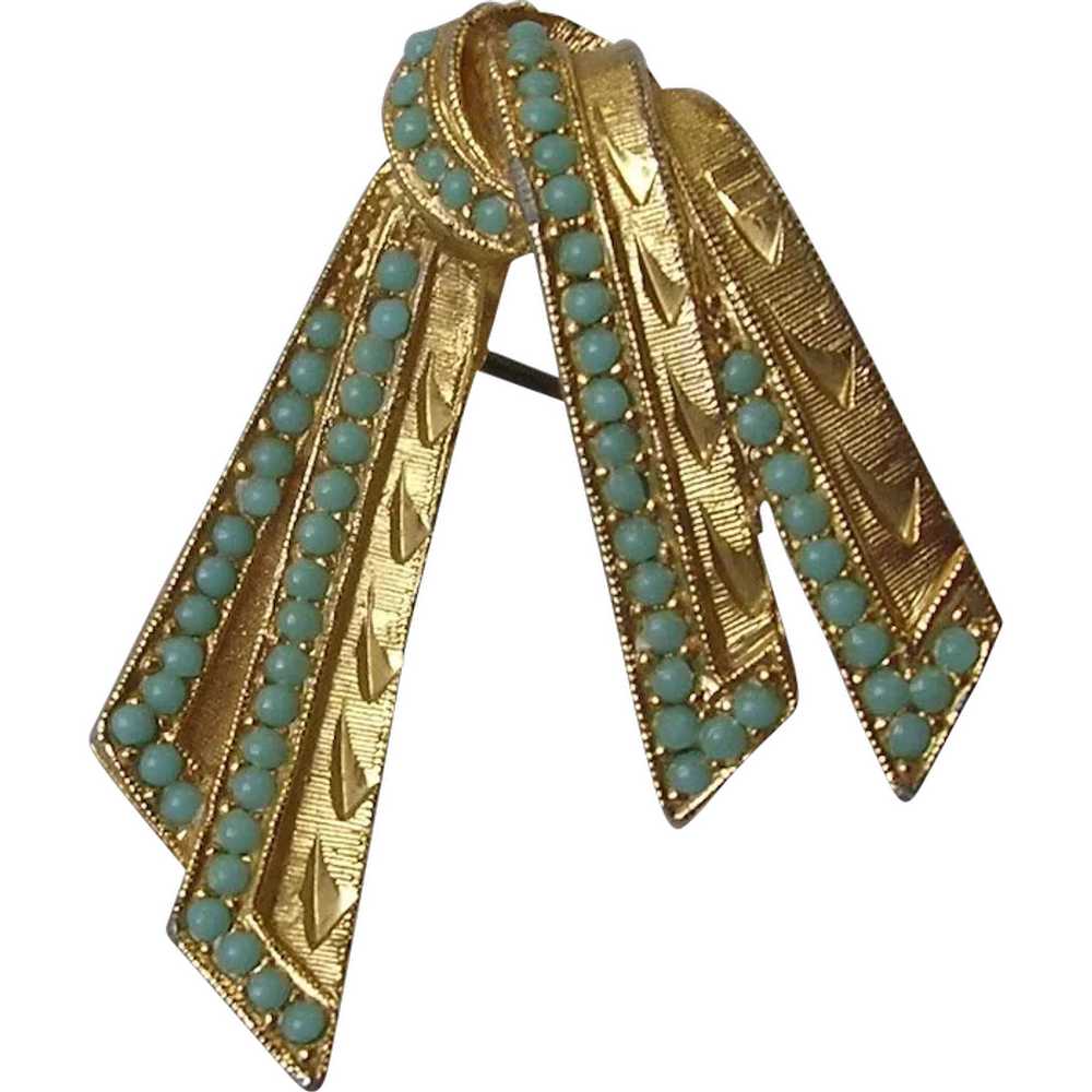 Imitation Turquoise Set Ribbon Brooch Signed Sphi… - image 1