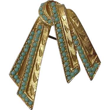 Imitation Turquoise Set Ribbon Brooch Signed Sphi… - image 1