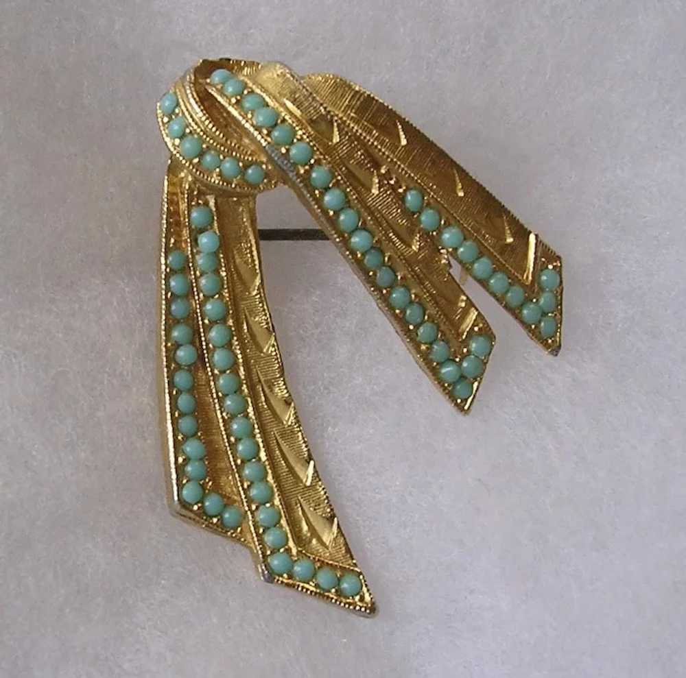 Imitation Turquoise Set Ribbon Brooch Signed Sphi… - image 2