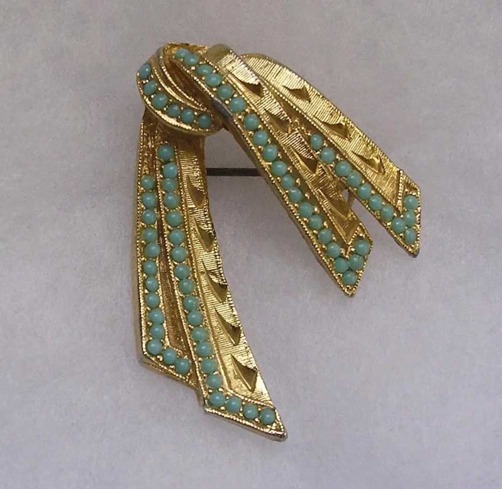 Imitation Turquoise Set Ribbon Brooch Signed Sphi… - image 3