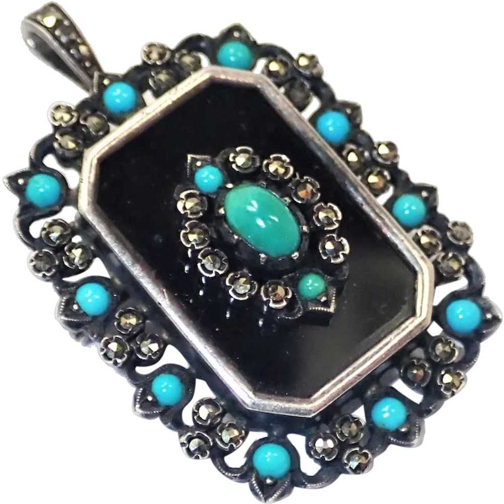 Art Deco Silver Onyx and Turquoise Pendant /Pin - image 1