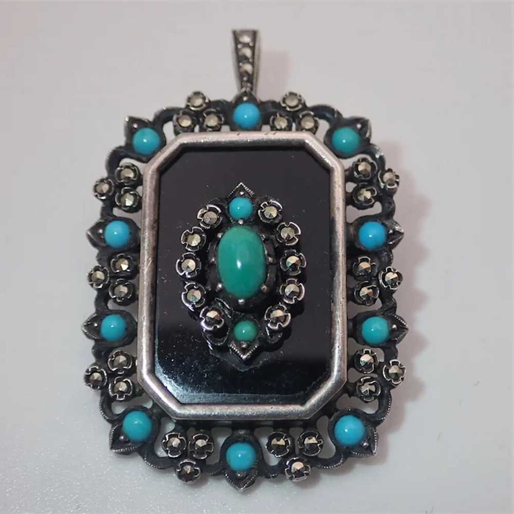 Art Deco Silver Onyx and Turquoise Pendant /Pin - image 2