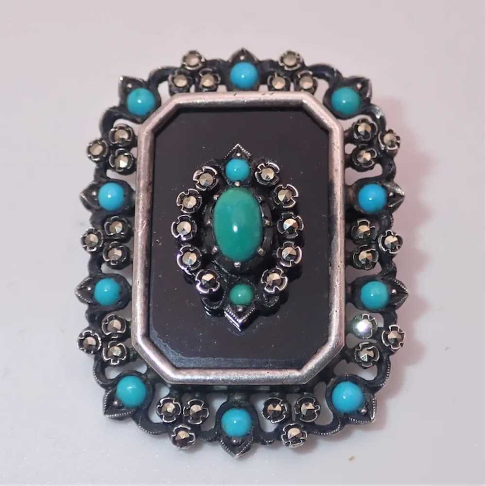 Art Deco Silver Onyx and Turquoise Pendant /Pin - image 3