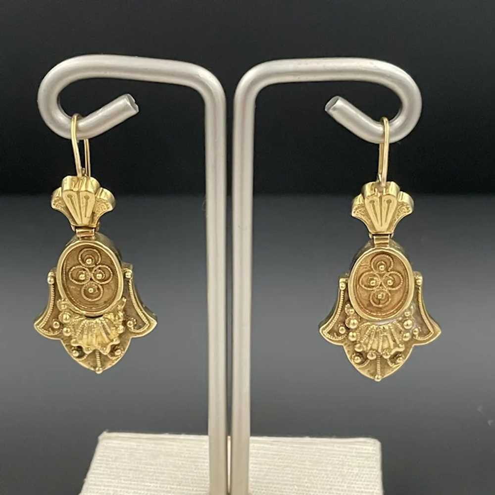 Dangle Etruscan Revival 14k Gold Earrings - image 2