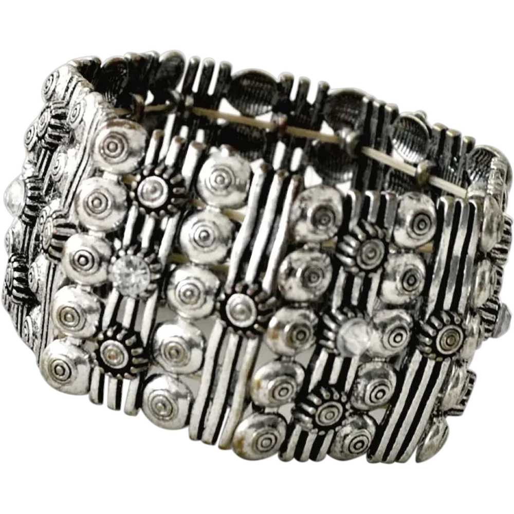 Wide Expansion Bracelet  Silver Tone with Rhinest… - image 1