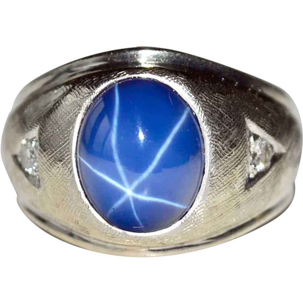 Ring Lab Created Star Sapphire Diamonds 14k White… - image 1