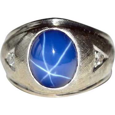 Ring Lab Created Star Sapphire Diamonds 14k White… - image 1