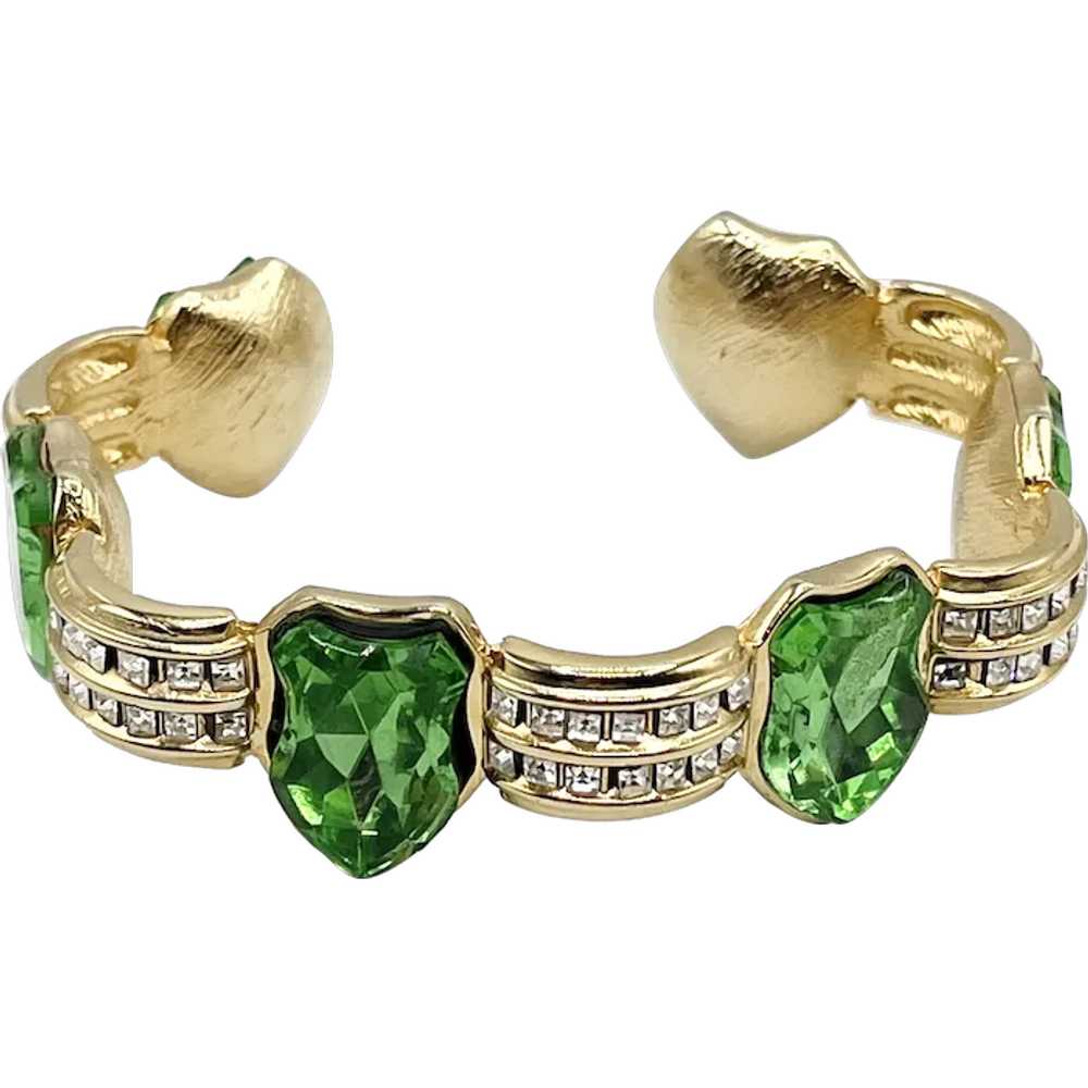 Vintage Retro Green Glass Rhinestone Shield Cuff … - image 1