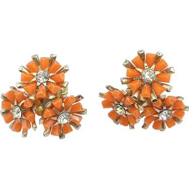 Vintage Coro Orange Rhinestone Flower Floral Earri