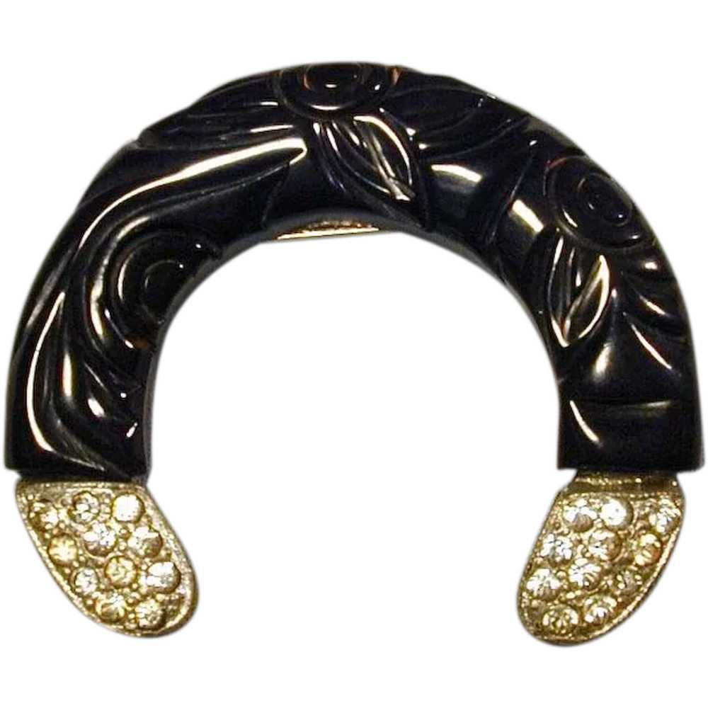 Vintage Art Deco Carved Black Bakelite Rhinestone… - image 1